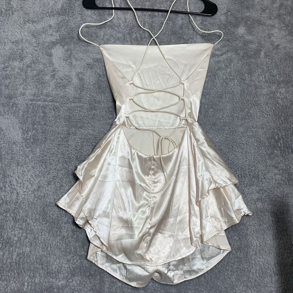 Unbranded Satin Romper Women S Champagne Cowl Neck Lace Up Back Tiered Ruffle - Picture 6 of 9